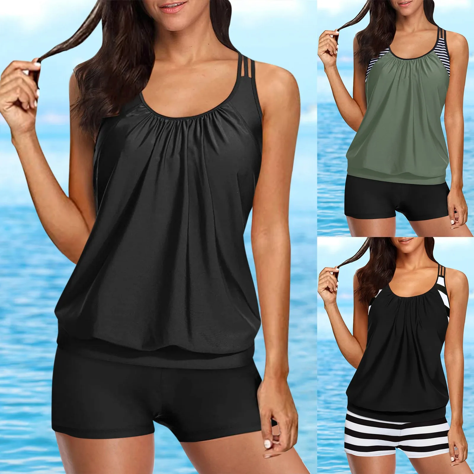 

Summer Swimwear Two Piece Tankini Bathing Suits T Back Blouson Swim Tops With Boy Shorts Women Swimsuits Sporty Swimwear