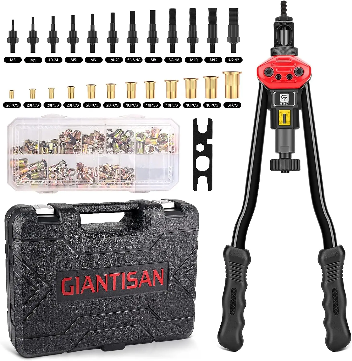 

Tool, GIANTISAN 16-Inch Rivnut Tool Kit with 12 Metric and SAE Mandrels, 176Pcs nut Assortment Kit, and Rugged Carrying Case