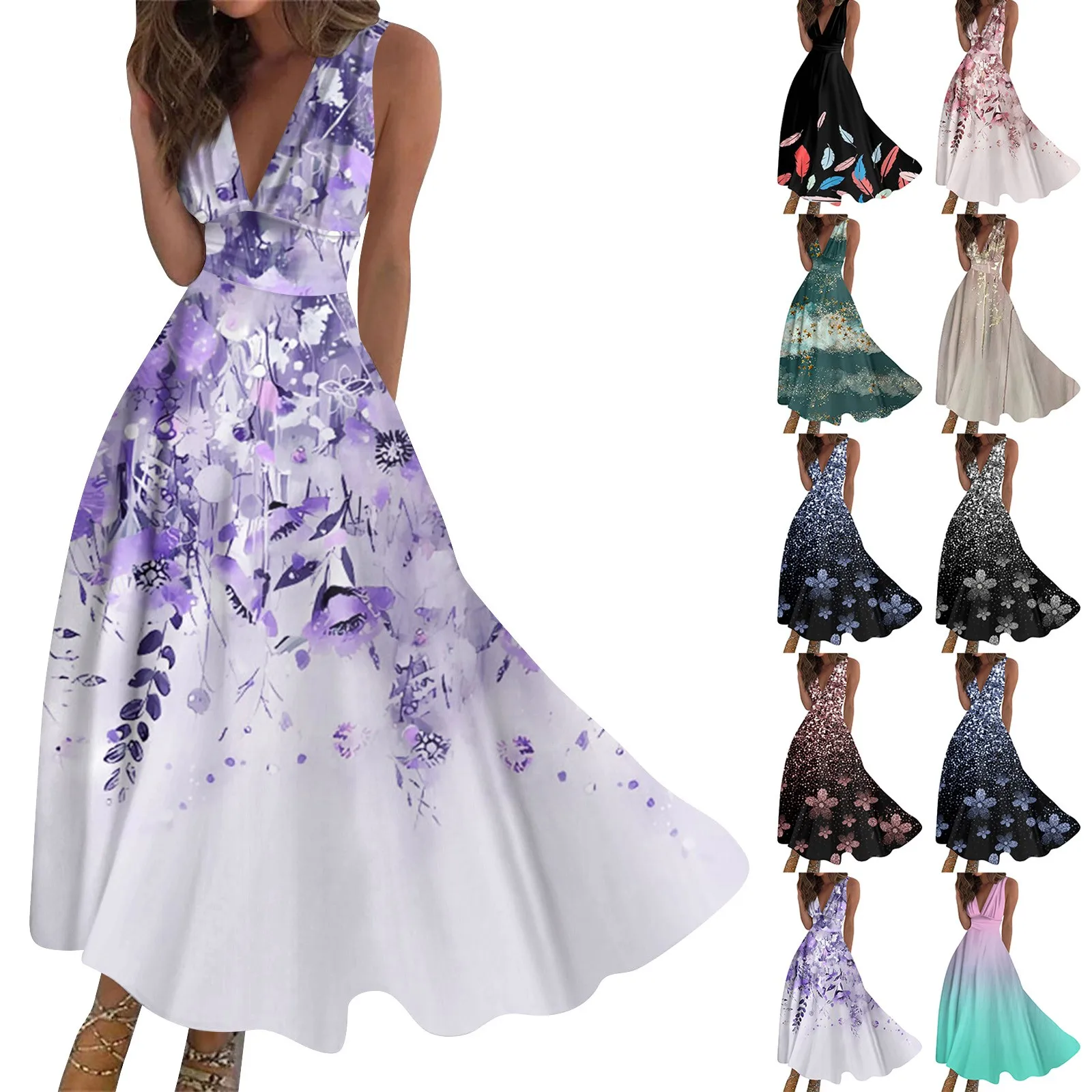 

Women's Long Dress Maxi Casual Summer Sleeveless V Neck Dresses Boho Elegant Waist Retro Printed Party Dress فساتين طويلة