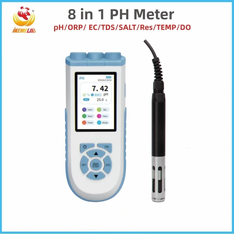 

IKEME PH Meter 8 in 1 Water Dissolved Oxygen Meter Digital pH/ORP/ EC/TDS/SALT/Res/TEMP/DO High Precision Portable Water Tester