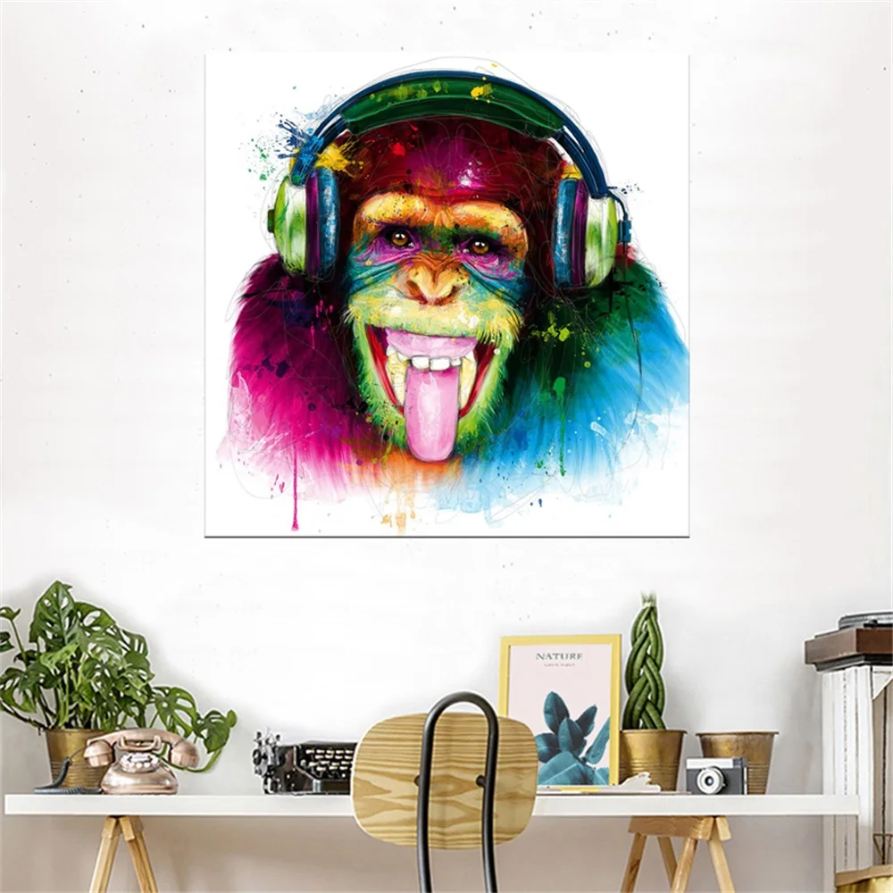 

Modern Animal Monkey Large Canvas Printed Painting Funny Thinking Gorilla With Headphone Wall Art For Living Room Home Decor