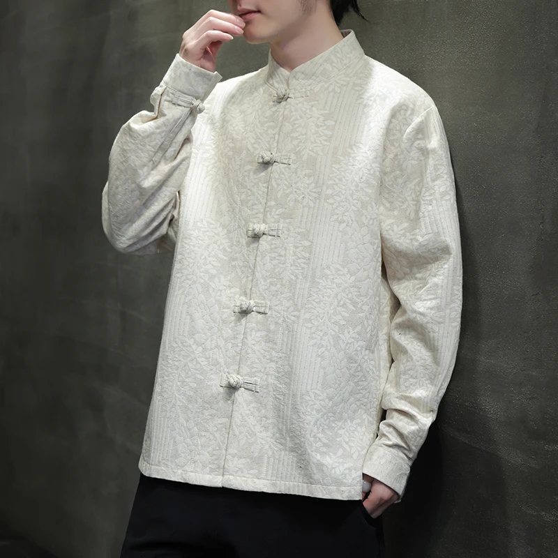 

Senior Cotton Linen Men Sinicism Vintage Jacquard Long Sleeve Tang Suit Shirt Spring New Men Stand Collar Dial Buckle Hanfu Coat