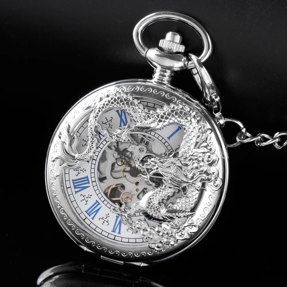 Exquisite Silver Dragon Relief Hollow Steampunk Mechanical Pocket Watch Vintage Gentleman Analog Signal Clock Lady Jewelry Gift
Exquisite Silver Dragon Relief Hollow Steampunk Mechanical Pocket Watch Vintage Gentleman Analog Signal Clock Lady Jewelry Gift