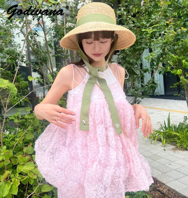 

Japanese Style Sweet Girl Women's Three-Dimensional Flower Transparent Mesh Camisole Top Flower Sling