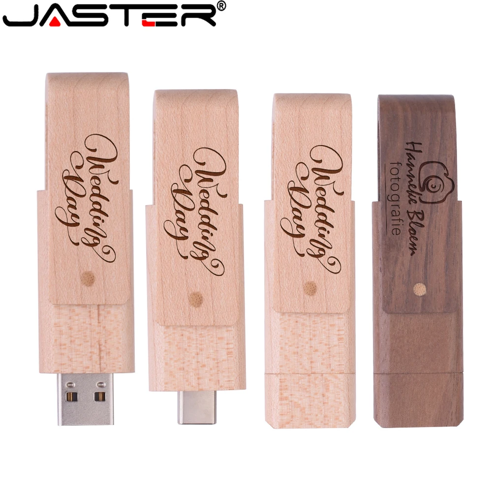 

JASTER TYPE-C Wooden USB 2.0 Flash Drives 128GB Free custom logo Pen Drive 64GB 32GB Wedding Gift Rotatable Memory Stick U disk