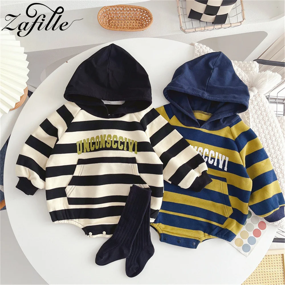 

ZAFILLE Hooded Striped Baby's Rompers Patchwork Overalls For Newborns Boys Clothing Autumn Infant Outwear Toddler Boys Clothes