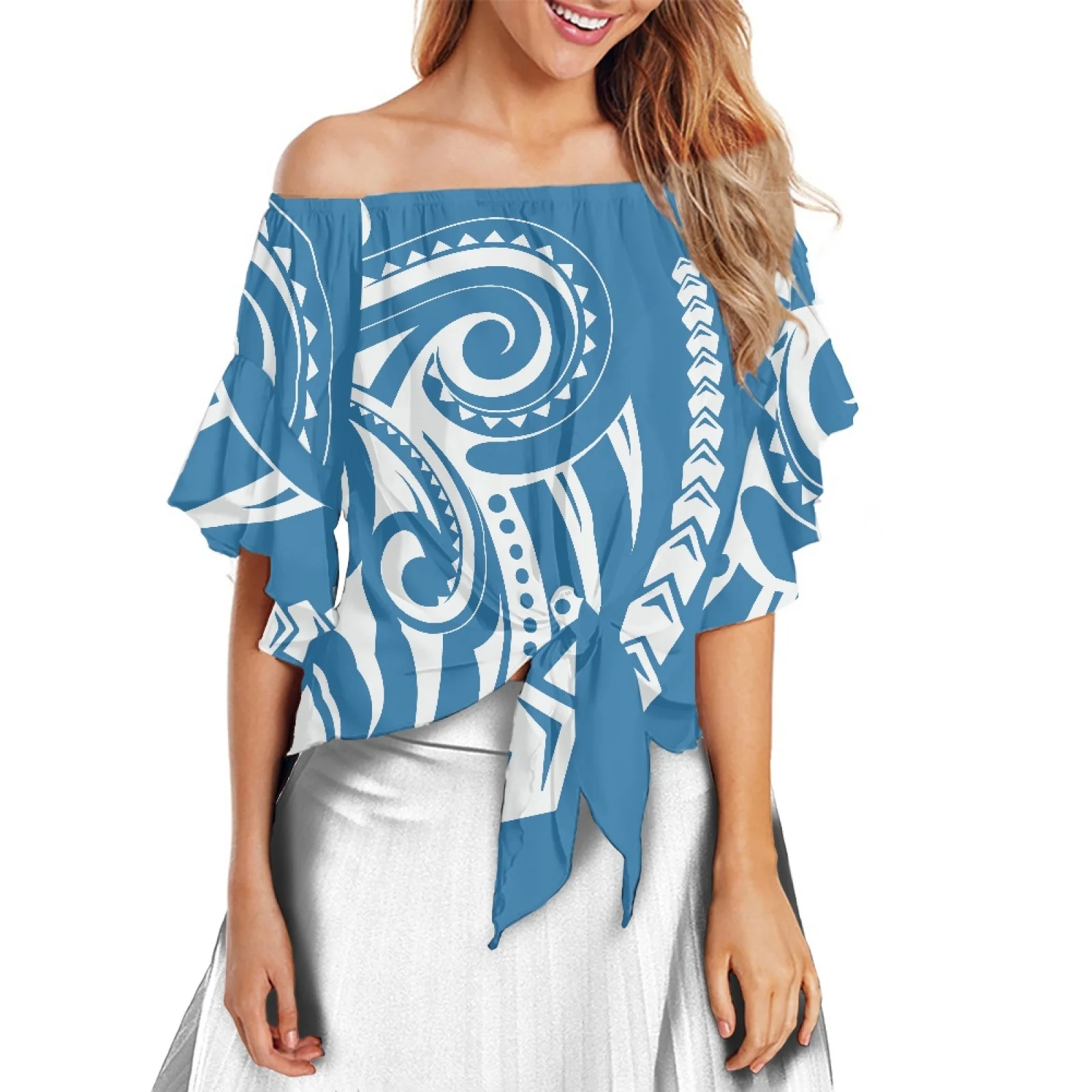 

Polynesia Off Shoulder Tops Shirt Women Elegant Fashion Flare Sleeve Corset Blouse Samoan Tribal Tattoos Print ladies Sexy Top