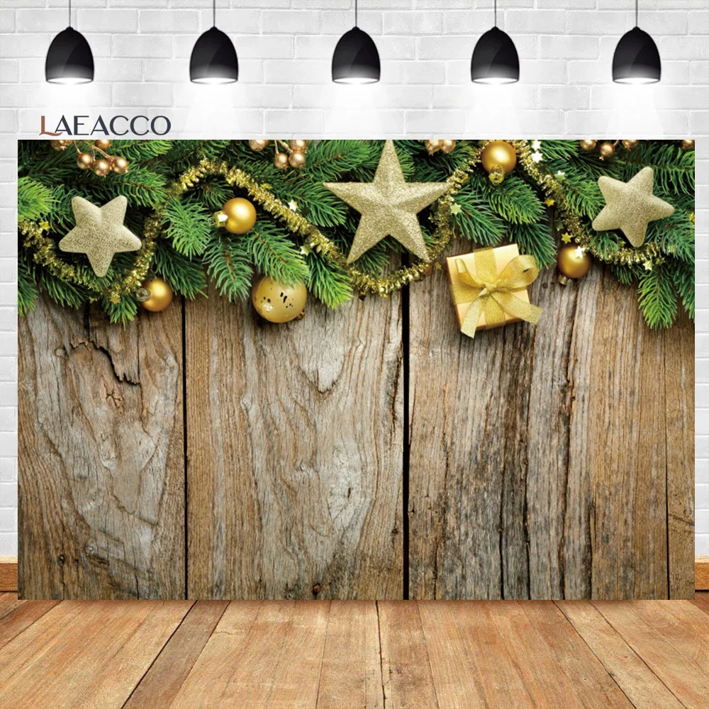 

Laeacco Rustic Christmas Wood Background Green Pine Needles Xams Stars Gift Kids Women Birthday Portrait Photography Backdrop