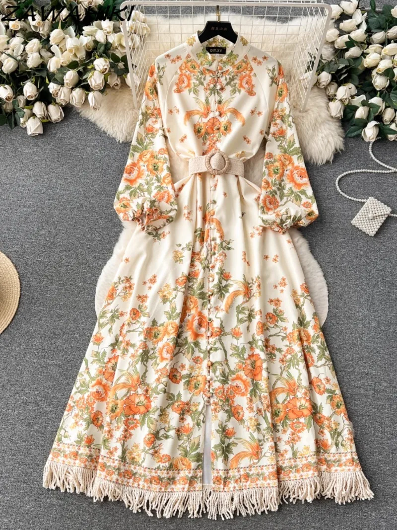 Robe Femme Été Pleated Vintage Long Dresses for Women Puff Sleeve Slim Waist Female Clothing Tassel Floral Bandage Vestidos
Robe Femme Été Pleated Vintage Long Dresses for Women Puff Sleeve Slim Waist Female Clothing Tassel Floral Bandage Vestidos