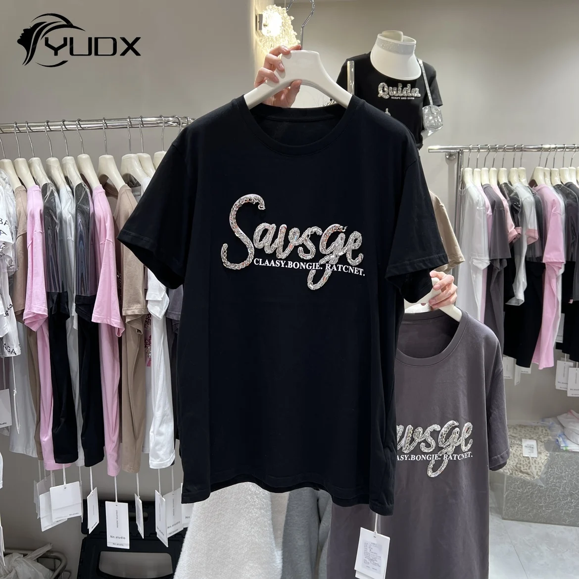 

YUDX New Spring Summer Letters Beads Short Sleeve T-shirt Loose O-neck Oversize Pullover Top Mid-long Casual Women Cotton Tees