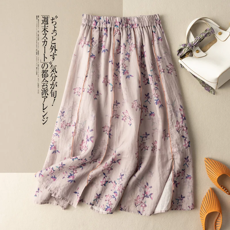 

Женская свободная юбка до середины икры, Повседневная трапециевидная юбка из хлопка и льна с цветочным принтом и поясом на резинке, модель V284 на лето, 2023