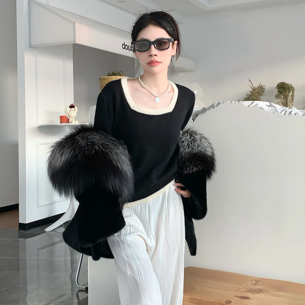 Denny&Dora Women's Mink Fur Coat Silver Fox Lapel Collar Woman Coat Black Fur Coat Denny&Dora Women's Mink Fur Coat Silver Fox Lapel Collar Woman Coat Black Fur Coat