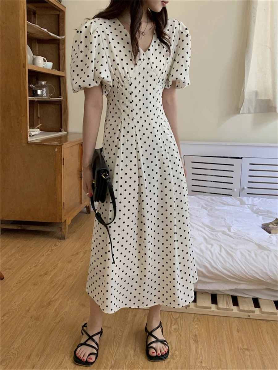 

Retro Dress Women Summer 2023 New Fashion Short Puff Sleeve Slim Elegant Polka Dots Daily Work Wear OL Female Korean Clothes