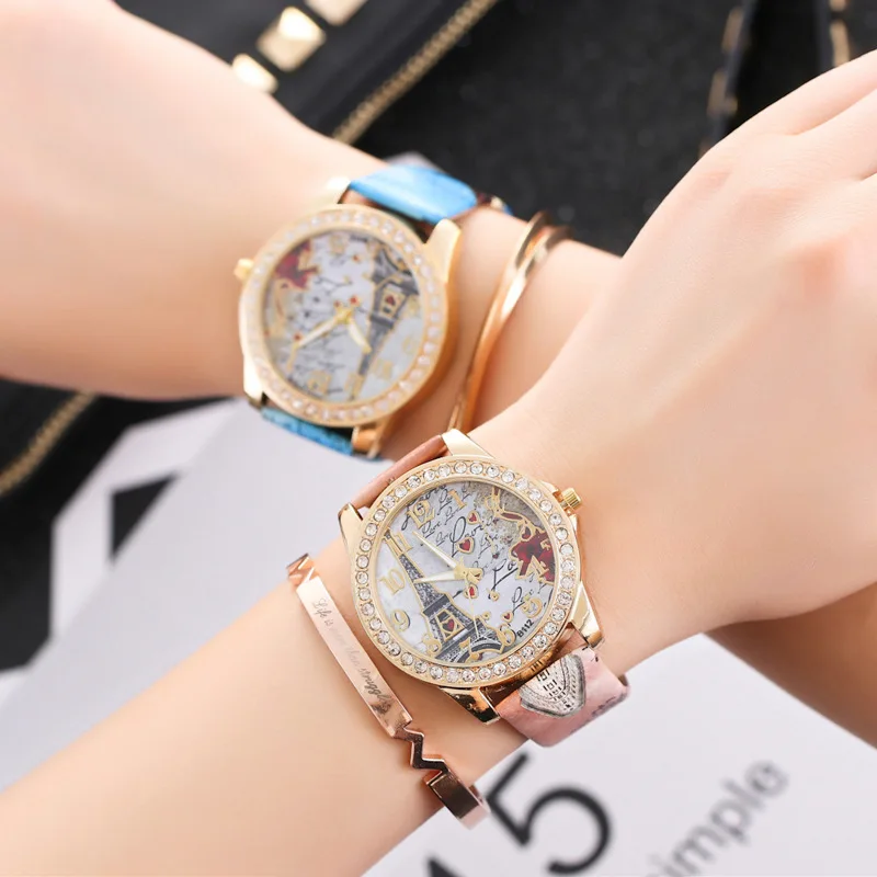 

Women Rhinestone Inlaid Tower Round Dial Arabic Number Analog Quartz Wrist Watch Top Brand Girls Bracelet Clock WristWatch
