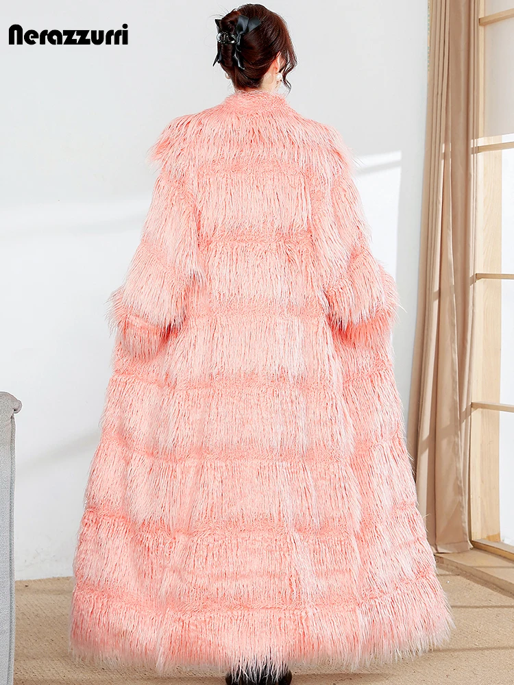 

Nerazzurri Winter Extra Long Striped Pink Warm Faux Mongolia Sheep Fur Coat Women Sashes Luxury Chic Maxi Fluffy Overcoat 2023