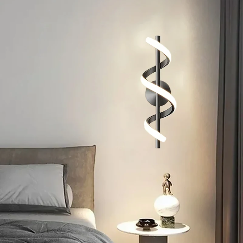 

Modern LED Wall Sconce Black White Gold Spiral Light For Living Room Background Wall Bedroom Bedside Hallway Study Indoor Lamps