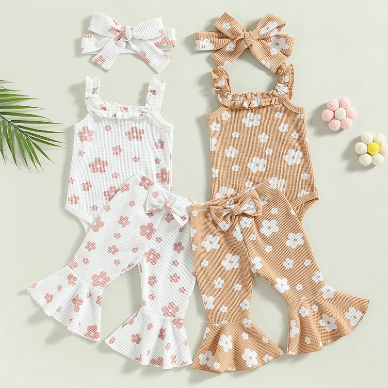 

Baby Girls Summer Outfit Sets Sleeveless Floral Sling Romper + Bowknot Flared Pants + Headband