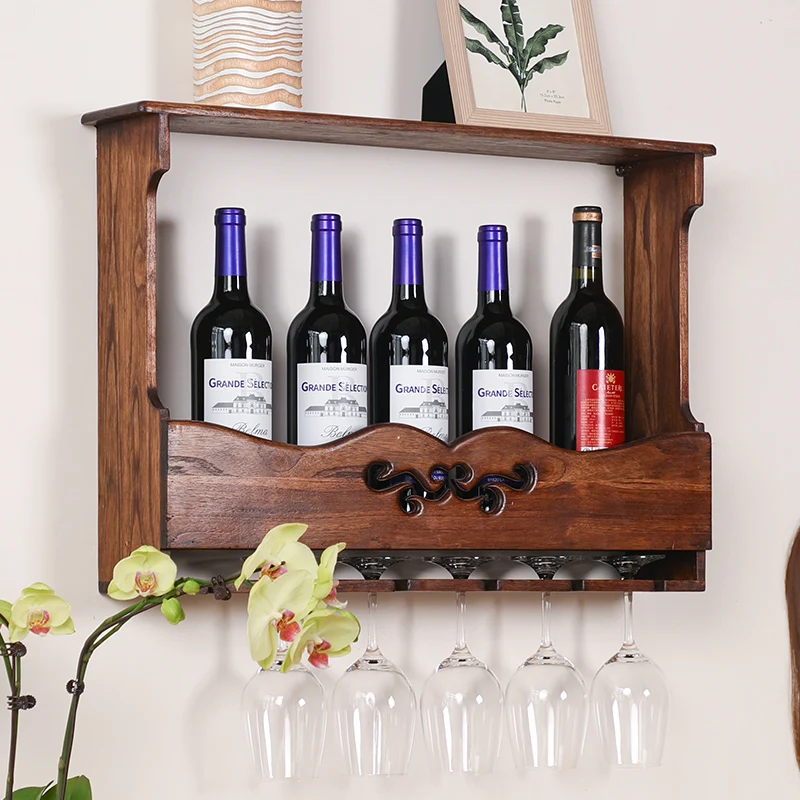 

Chinese Style Solid Wood Wine Racks Restaurant Ideas Wall-Mounted Wine Cabinet Red Wine Glass Holder Goblet Rack Wall Shelf