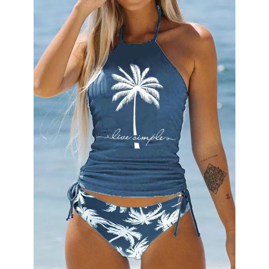 

Coconut Print Two Pieces Bikini Swimsuit Women 2023 New Halter Drawstring Swimwear Female Tankini Beach Wear Swim Bathing Suit