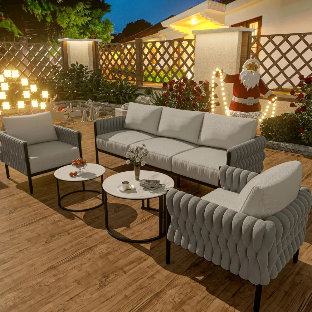 5-Piece Modern Metal Patio Furniture Set - Rope-Woven Outdoor Deep-Seat Conversation Sofa with 6.3