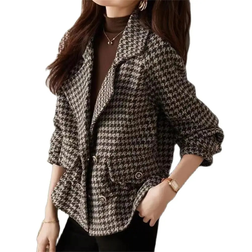 

New Vintage Houndstooth Women Woolen Blazer Double Breasted Plaid Female Suit Jacket Fashion Korean Outerwear Loose Blaser Coat