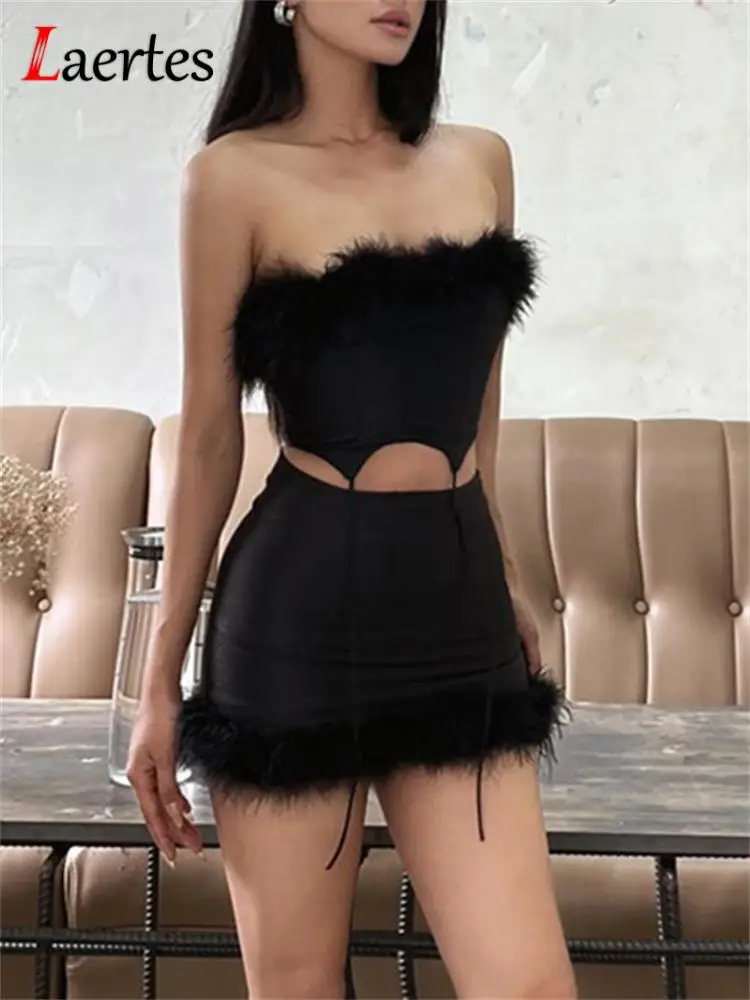 

Laertes 2023 Fall Furry Patchwork Strapless Tube Top+Mini Skirt Outfits Black Sexy Party Evening Club Women 2 Piece Sets