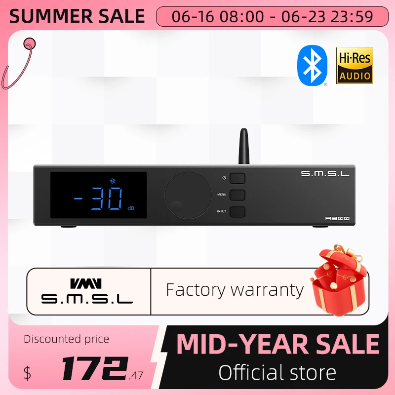 SMSL A300 Hi-res Power Amplifier 165W*2 BTL Mode Bluetooth 5.0 Support Passive Speakers & Active Subwoofers With Remote Control
SMSL A300 Hi-res Power Amplifier 165W*2 BTL Mode Bluetooth 5.0 Support Passive Speakers & Active Subwoofers With Remote Control
