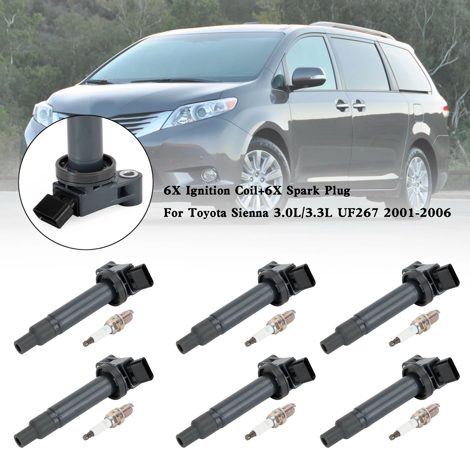 

Areyourshop 6X Ignition Coil+6X Spark Plug For Toyota Sienna 3.0L/3.3L UF267 2001-2006 Car Accessories Parts