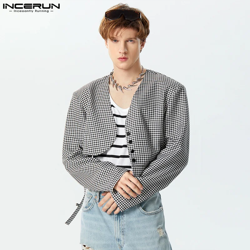 

American Style Handsome New Men's Cropped Plaid V-neck Blazer Casual Party Shows Long Sleeved Suit Coats S-5XL INCERUN Tops 2023