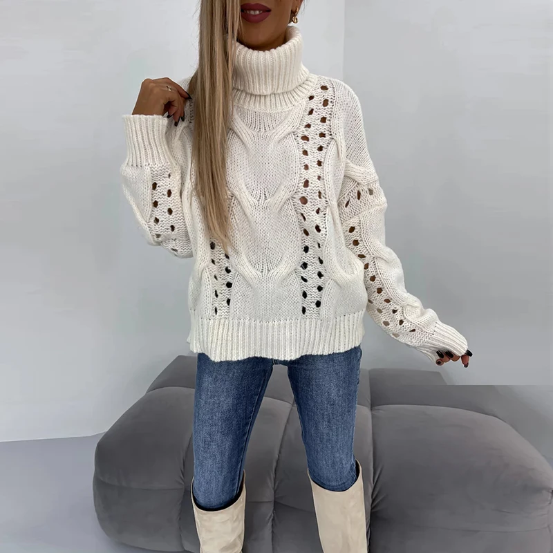 2023 Fall Winter Loose Long Sleeved Sweater Elegant Office Lady Jacquard Solid Sweater Casual Hollow Turtleneck Knitted Pullover
2023 Fall Winter Loose Long Sleeved Sweater Elegant Office Lady Jacquard Solid Sweater Casual Hollow Turtleneck Knitted Pullover