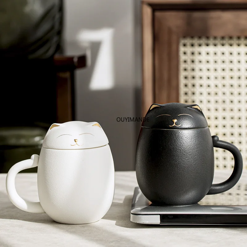 

Керамическая кружка с милым котом удачи, сепарационная чайная чашка для чая, кружка большой емкости с керамическим фильтром и крышкой, керамическая посуда 350 мл
