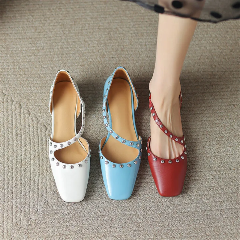 

2023 New Spring/summer Women Pumps Square Toe Chunky Heel Metal Rivet Mary Janes Solid Women Shoes Low Heel Zapatos De Mujer
