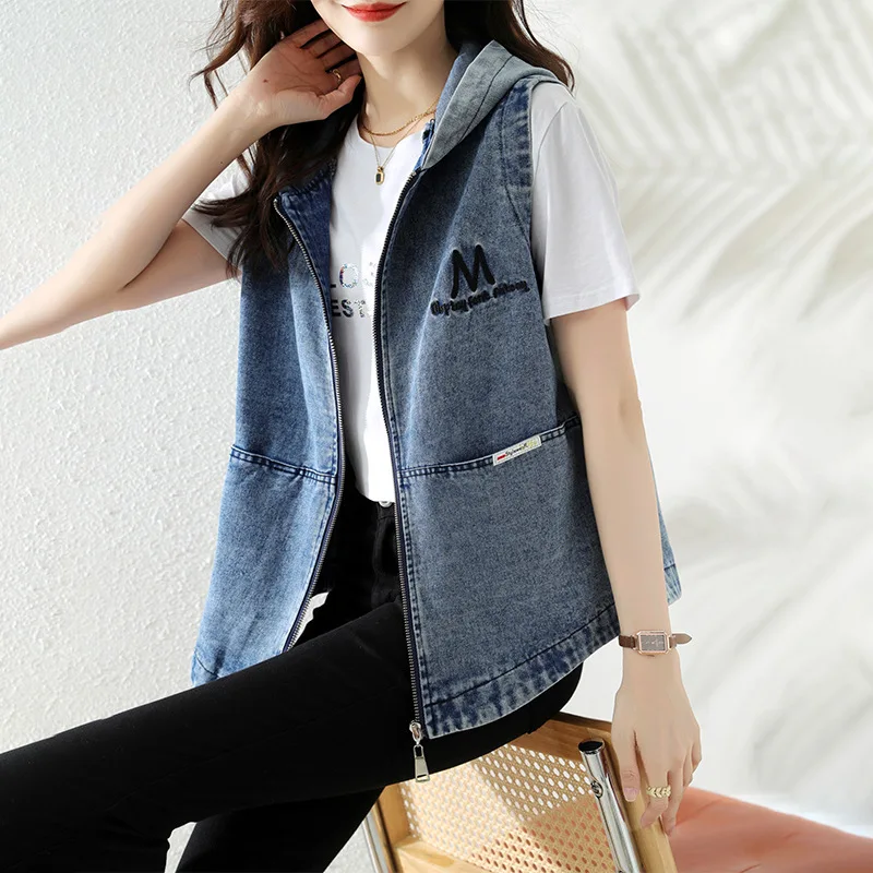 

Newest Spring Summer Casual Hooded Denim Vests Women Oversize Sleeveless Jean Jackets Chaleco Mujer Loose Cowboy Waistcoat