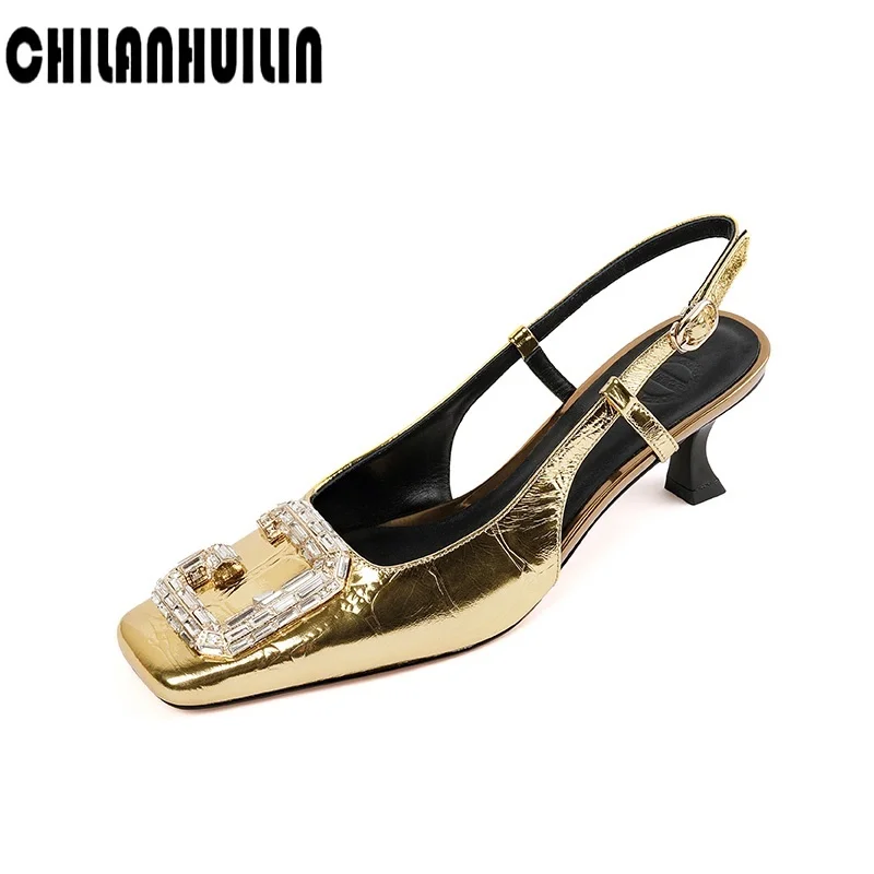 

Сандалии женские из натуральной кожи, модная роскошная классическая обувь с пряжкой с кристаллами, квадратный носок, высокий каблук, летние босоножки