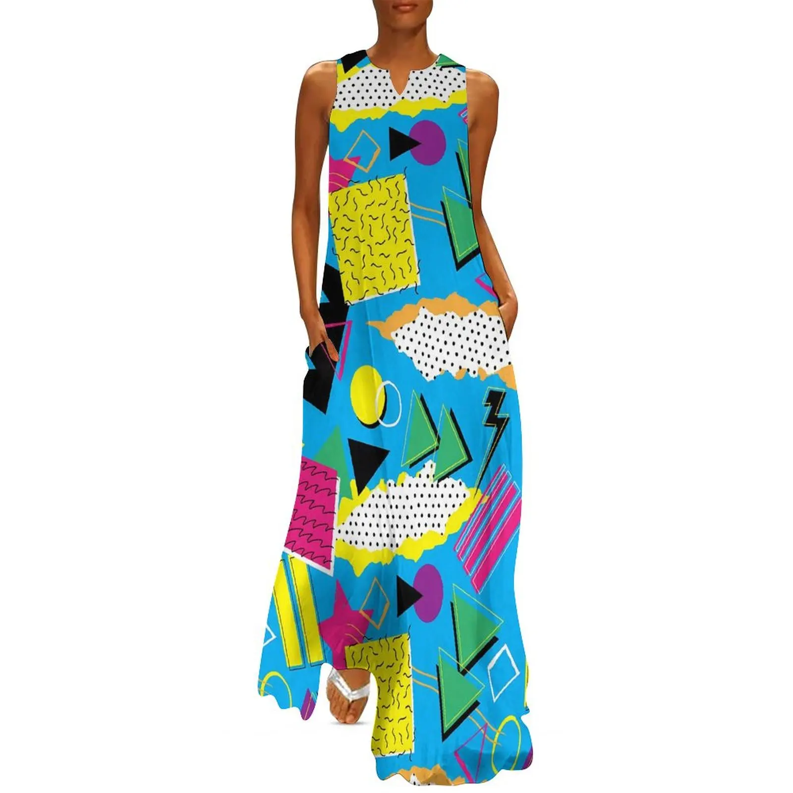 

Color Vintage Geometric Dress Memphis Style 80s Night Club Maxi Dress Boho Beach Long Dresses Woman V Neck Oversized Vestidos