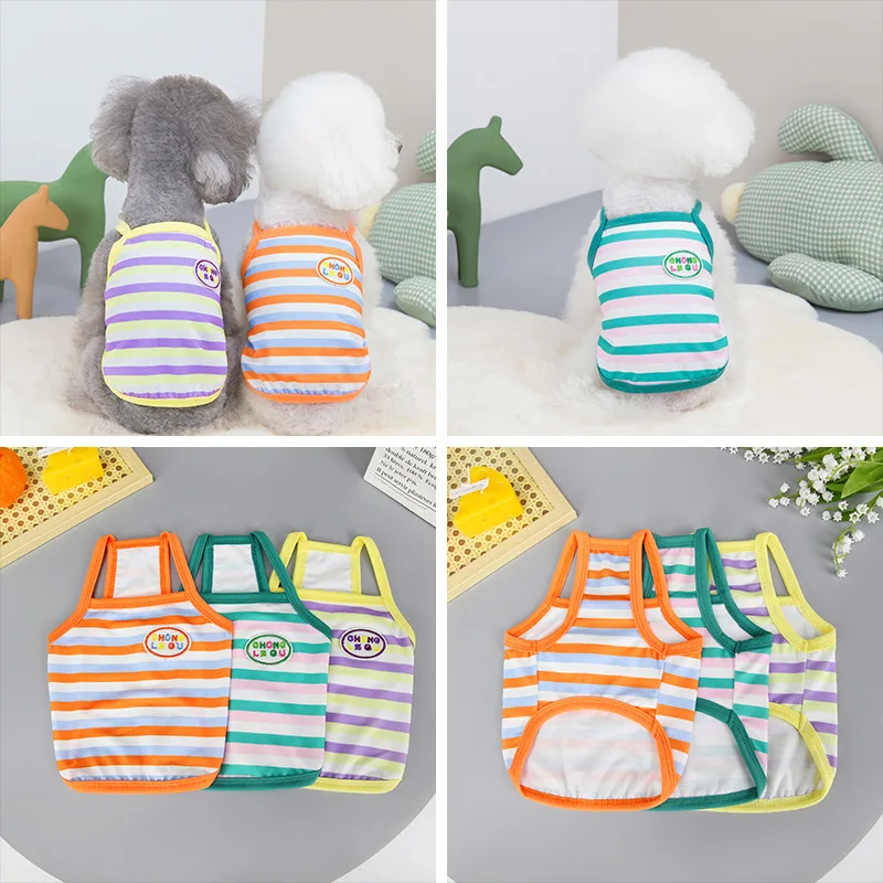 

Puppy Clothes Cartoon Chihuahua Vest Puppy T-Shirt Yorkshire Terrier Bulldog Spring Summer Embroidered Striped Suspender