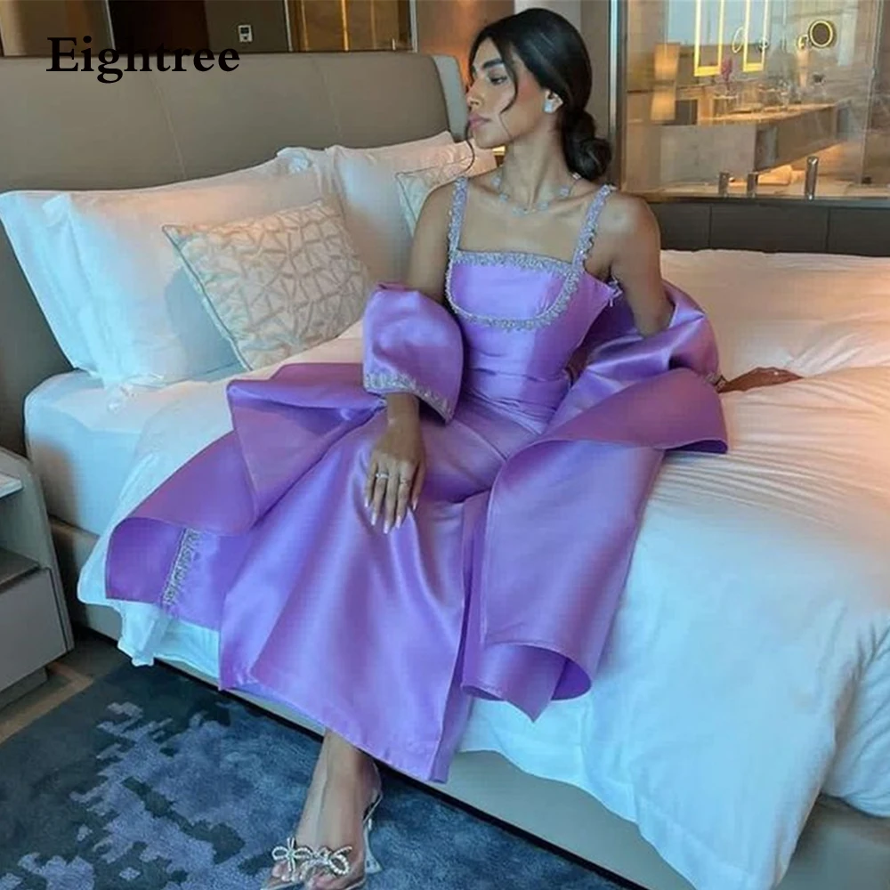 

Eightree Purple Evening Dresses Satin Spaghetti Straps Abendkleider Dubai Long with Cape Elegant Party Dresses for Women 2023