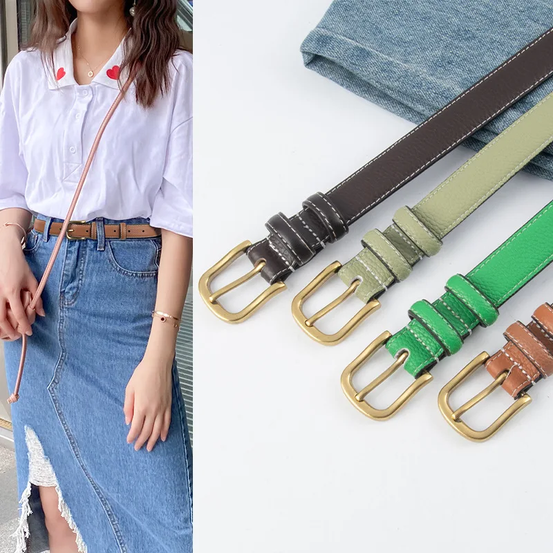 

Candy Color Full Grain Leather Litchi Waist Belts for Women Green Pink Yellow Cowhide Casual Jeans Belts Cinturones Para Mujer