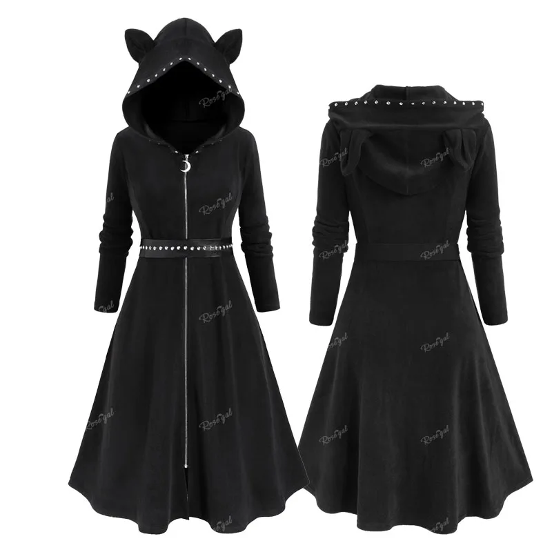 

ROSEGAL Plus Size Cute Rabbit Ear Dresses Black Zipper PU Panel Rivet Belt Hooded Dress Women Autumn Casual Long Sleeves Vestido