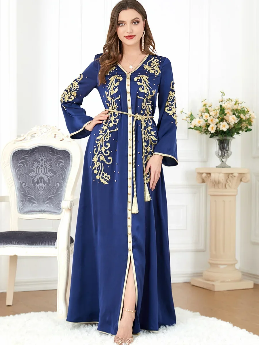 

Satin Muslim Morocco Party Dress Jalabiya for Women Belt Abaya Split Long Dresses Arabic Dubai Turkey Islam Kaftan Robe Vestido