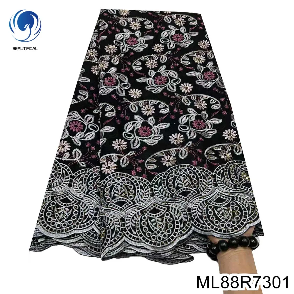 

Quality Embroidered Flowers with Hot Drilling Nigerian Swiss Voile Cotton Lace Fabric for Black Party Dress ML88R73