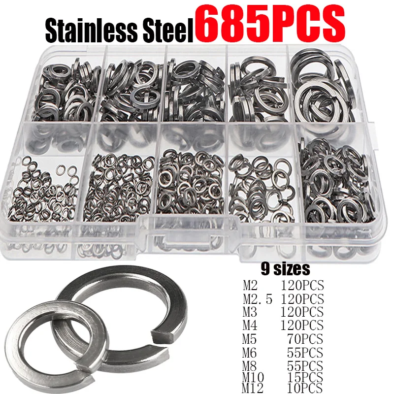 685PCS Stainless Steel Spring Washer for Bolt Nut - Size M2 M2.5 M3 M4 M5 M6 M8 M10 M12 Gaskets
685PCS Stainless Steel Spring Washer for Bolt Nut - Size M2 M2.5 M3 M4 M5 M6 M8 M10 M12 Gaskets