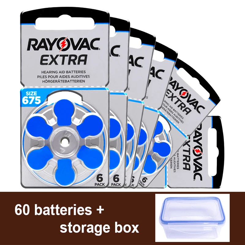 

60pcs Rayovac Extra Hearing Aid Batteries 675 A675 P675 PR44 Cell Button Zinc Air Battery 1.45V for Powerful BTE Hearing Aids