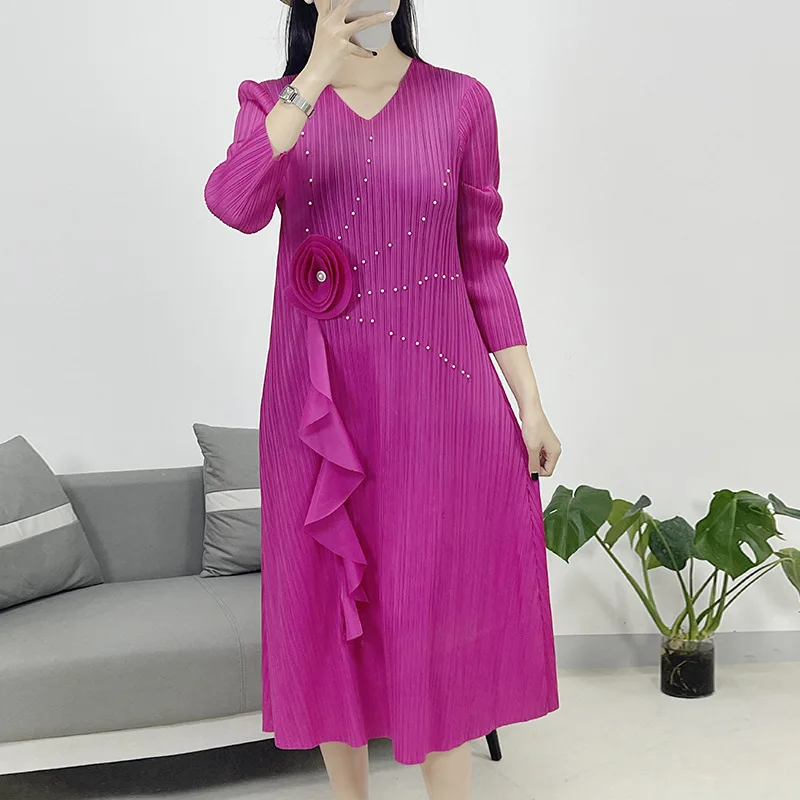 

2024 Spring New Miyake Pleated Casual V-neck Long Dress Women's Beaded Versatile Slimming Pleated Dress for Women