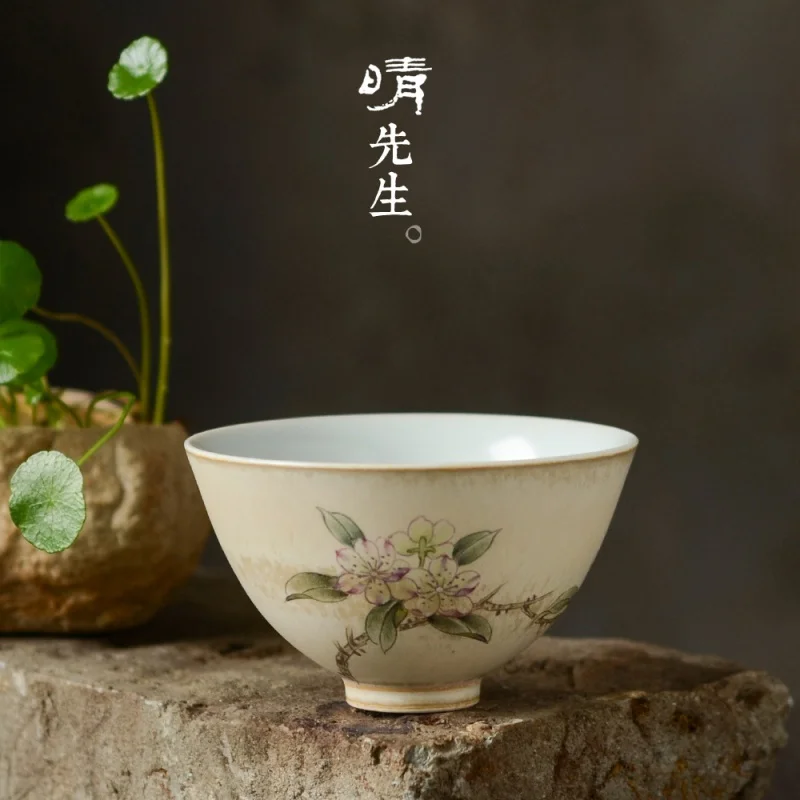

Jingdezhen Hand-Painted Plum Blossom Picture Tea Master Cup Large Tea Cup New Color Ceramic Kung Fu Ru Ware Natural Crack Single