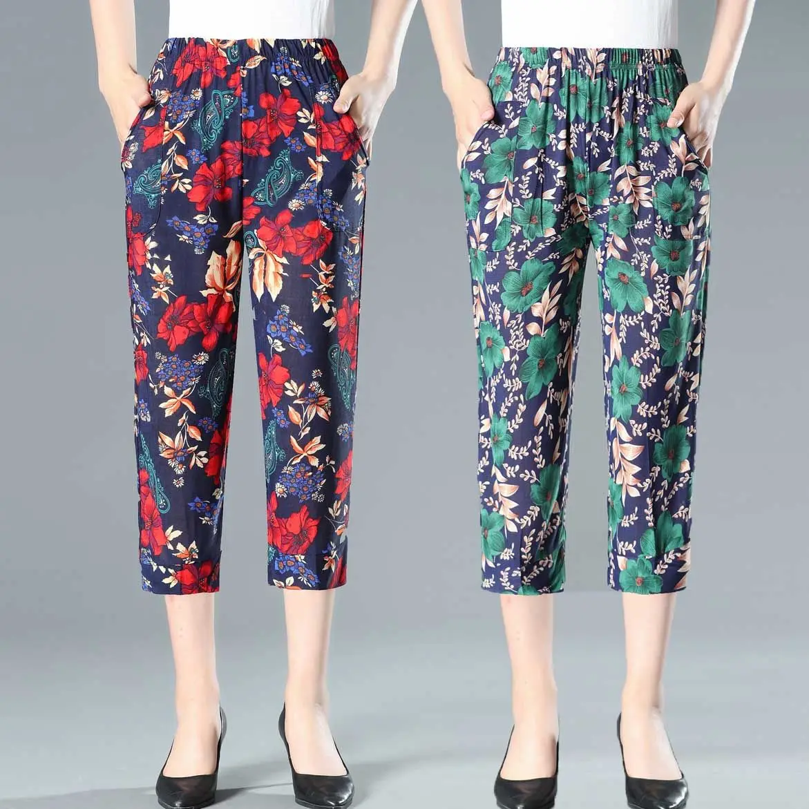 

Summer Middle-aged And Elderly Women's Cropped Pants,High Waisted Elastic Mother's Casual Floral Printed Trousers 3XL