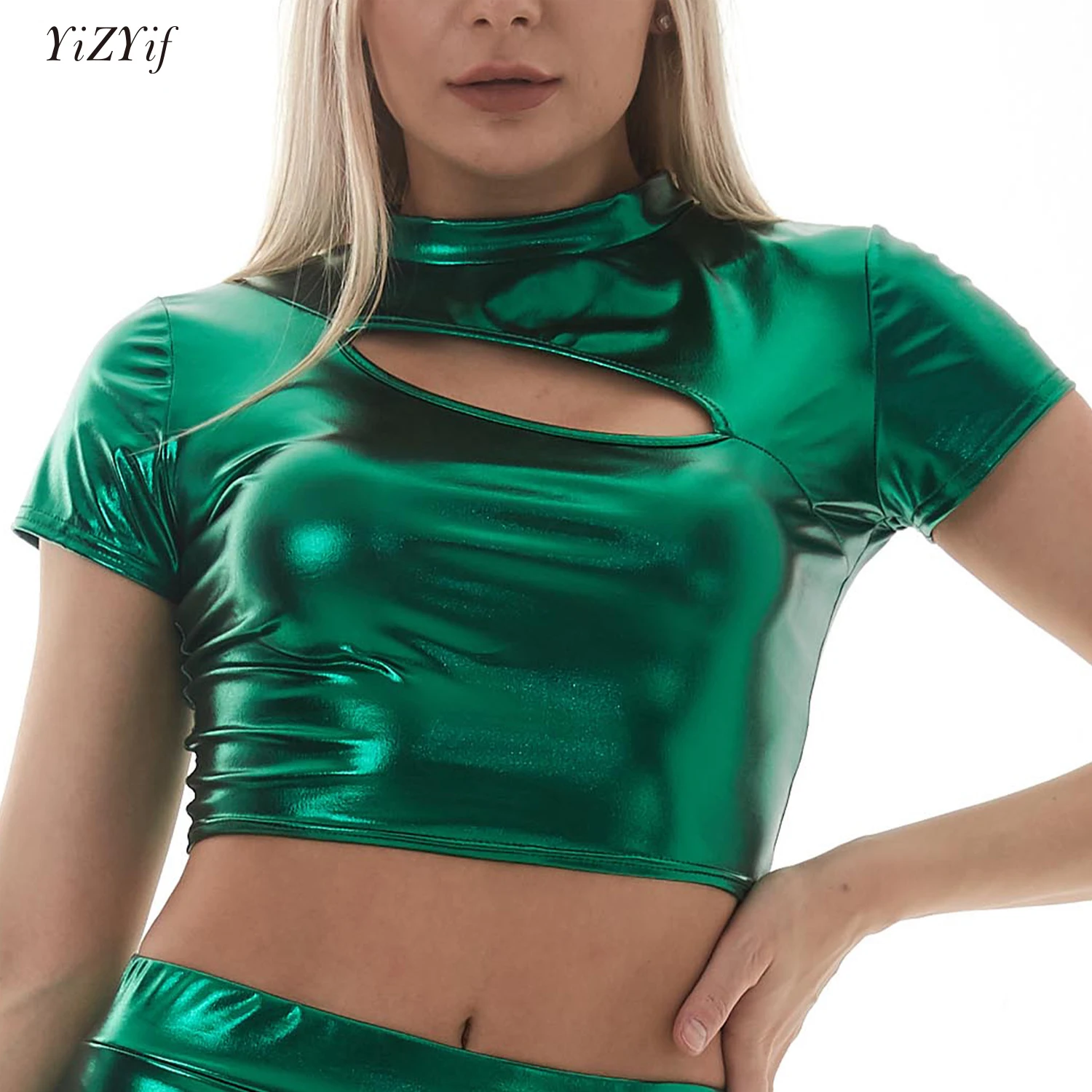 

Womens Fashion Metallic Crop Top Shiny Mock Neck Keyhole Short Sleeve Cropped T-shirt Party Nightclub Music Festival Tops