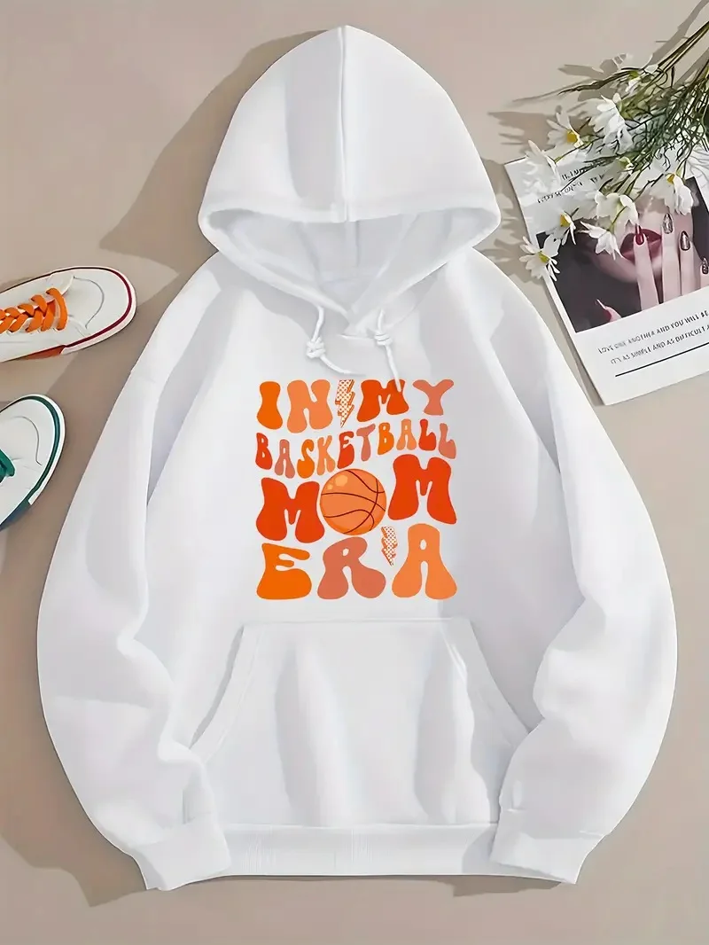 

In My Basketball Mom Era Letter Print Hoodie Drawstring Casual Hooded Sweatshirt Game Day Basics Trendy Casual Harajuku Outfit