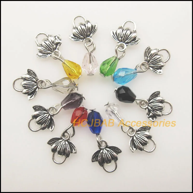 

20 New Tiny Lotus Flower Charms Tibetan Silver Plated Pendants Mixed Teardrop Crystal 12x13mm