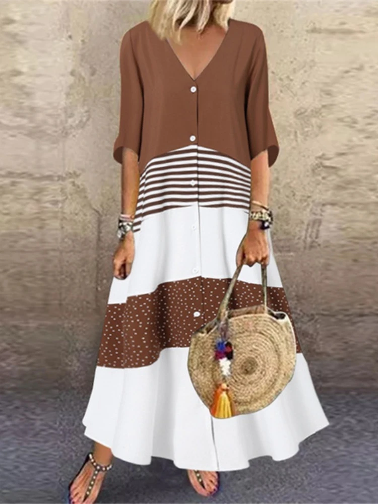 Summer Dress V-neck Short Sleeve Single Breasted Splicing Loose Waist Long Dress for Women Leisure Women Clothing Streetwear
Summer Dress V-neck Short Sleeve Single Breasted Splicing Loose Waist Long Dress for Women Leisure Women Clothing Streetwear